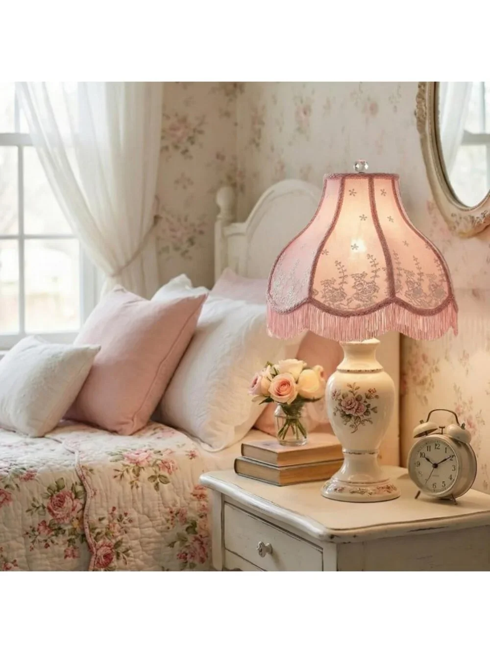 Victorian Scalloped Fringe Lamp Shade - Pink, 3.5 x 11 x 9, Easy Setup, Home